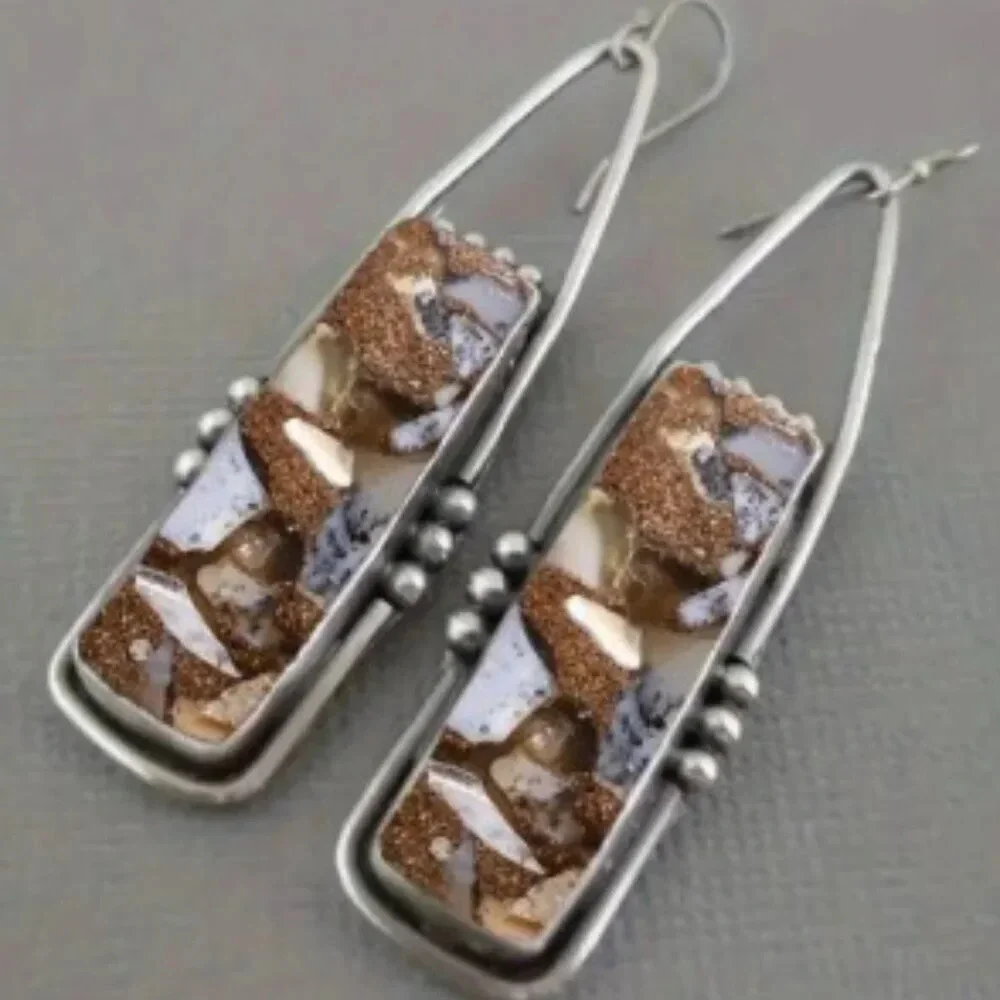 Bohemian Chic Geometric Dangle Earrings with Elegant Brown Mixed Pattern